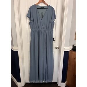 New! Lulus Dusty Slate Blue Flutter Sleeve Maxi Dress Long Plus Size 3Xl